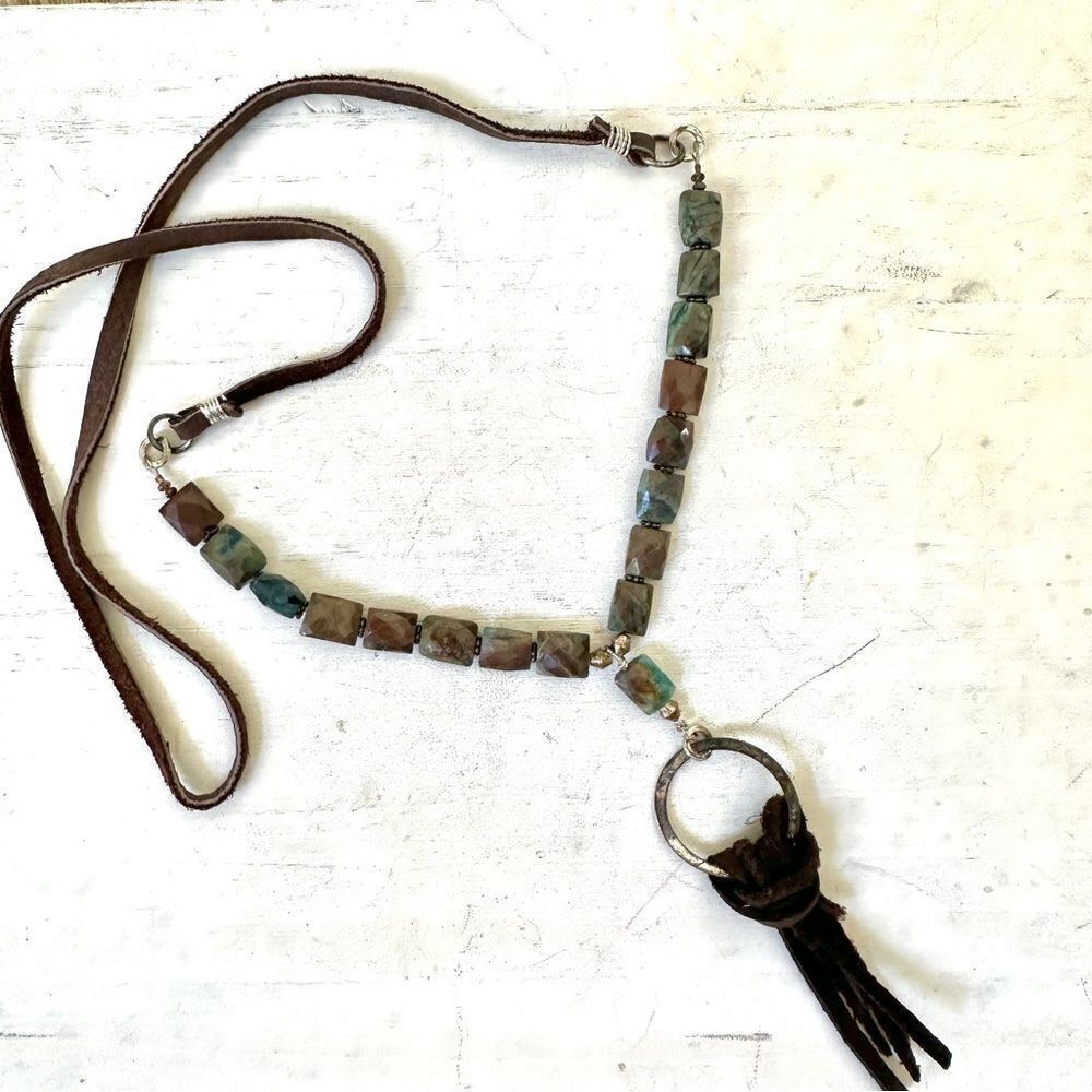 Leather cord beaded pendant tassel necklace